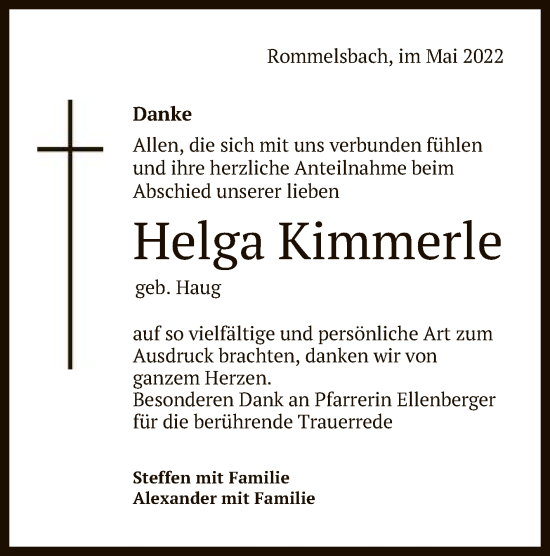 Anzeige von Helga Kimmerle von Reutlinger General-Anzeiger