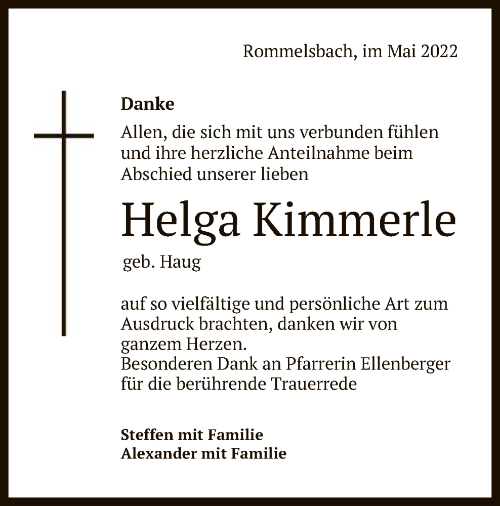  Traueranzeige für Helga Kimmerle vom 28.05.2022 aus Reutlinger General-Anzeiger