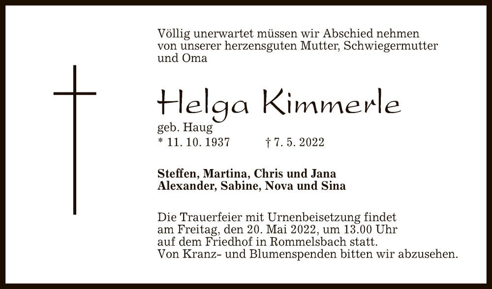 Traueranzeige für Helga Kimmerle vom 14.05.2022 aus Reutlinger General-Anzeiger