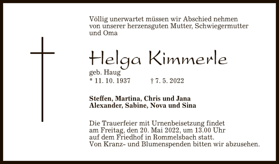 Anzeige von Helga Kimmerle von Reutlinger General-Anzeiger