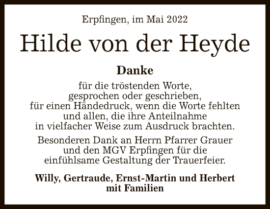 Anzeige von Hilde von der Heyde von Reutlinger General-Anzeiger