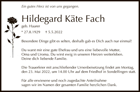 Anzeige von Hildegard Käte Fach von Reutlinger General-Anzeiger