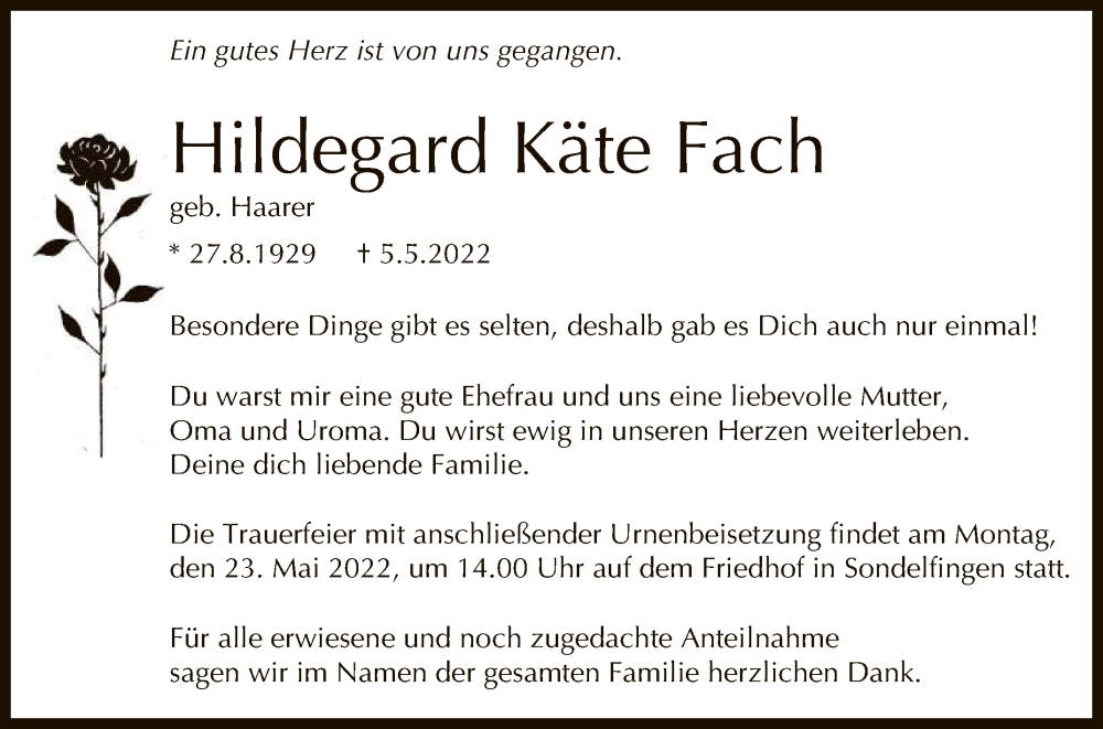  Traueranzeige für Hildegard Käte Fach vom 19.05.2022 aus Reutlinger General-Anzeiger