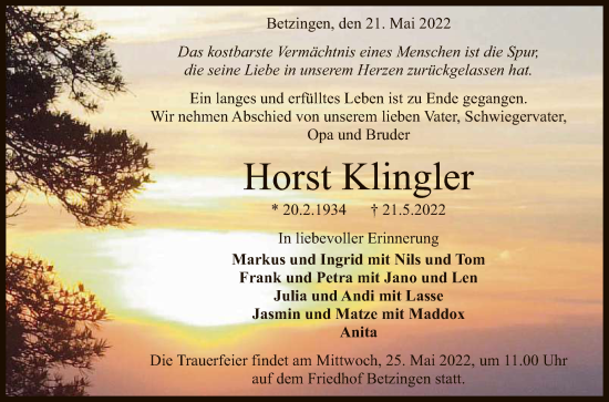 Anzeige von Horst Klingler von Reutlinger General-Anzeiger