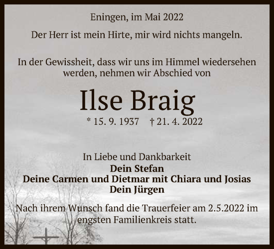 Anzeige von Ilse Braig von Reutlinger General-Anzeiger