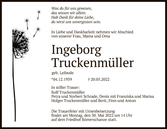 Anzeige von Ingeborg Truckenmüller von Reutlinger General-Anzeiger