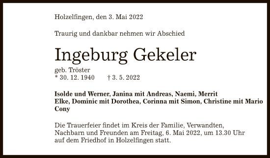 Anzeige von Ingeburg Gekeler von Reutlinger General-Anzeiger