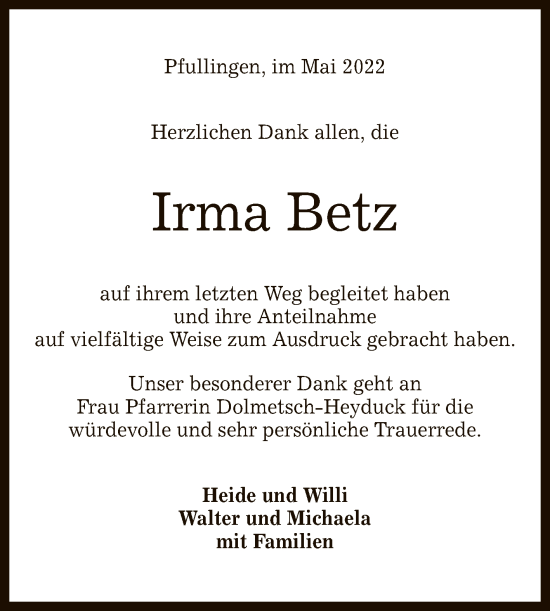 Anzeige von Irma Betz von Reutlinger General-Anzeiger