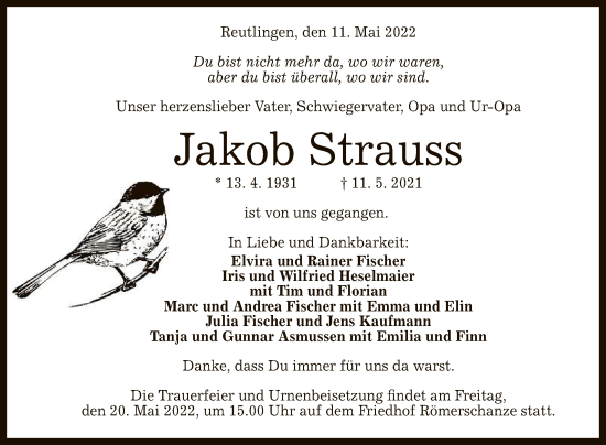 Anzeige von Jakob Strauss von Reutlinger General-Anzeiger