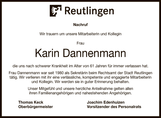 Anzeige von Karin Dannenmann von Reutlinger General-Anzeiger