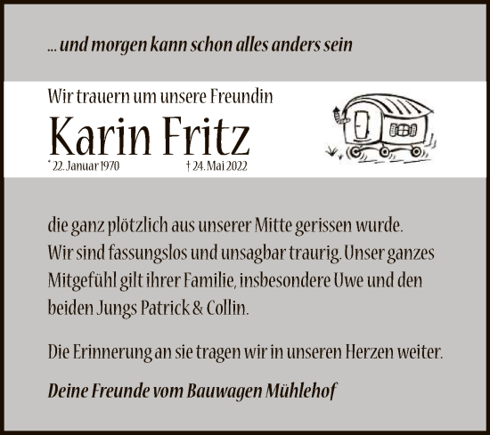 Anzeige von Karin Fritz von Reutlinger General-Anzeiger