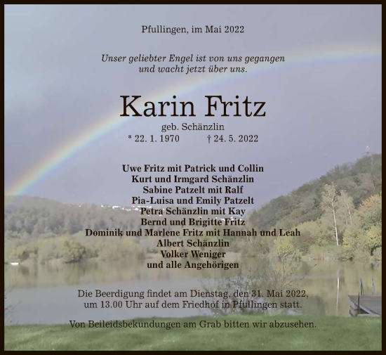 Anzeige von Karin Fritz von Reutlinger General-Anzeiger