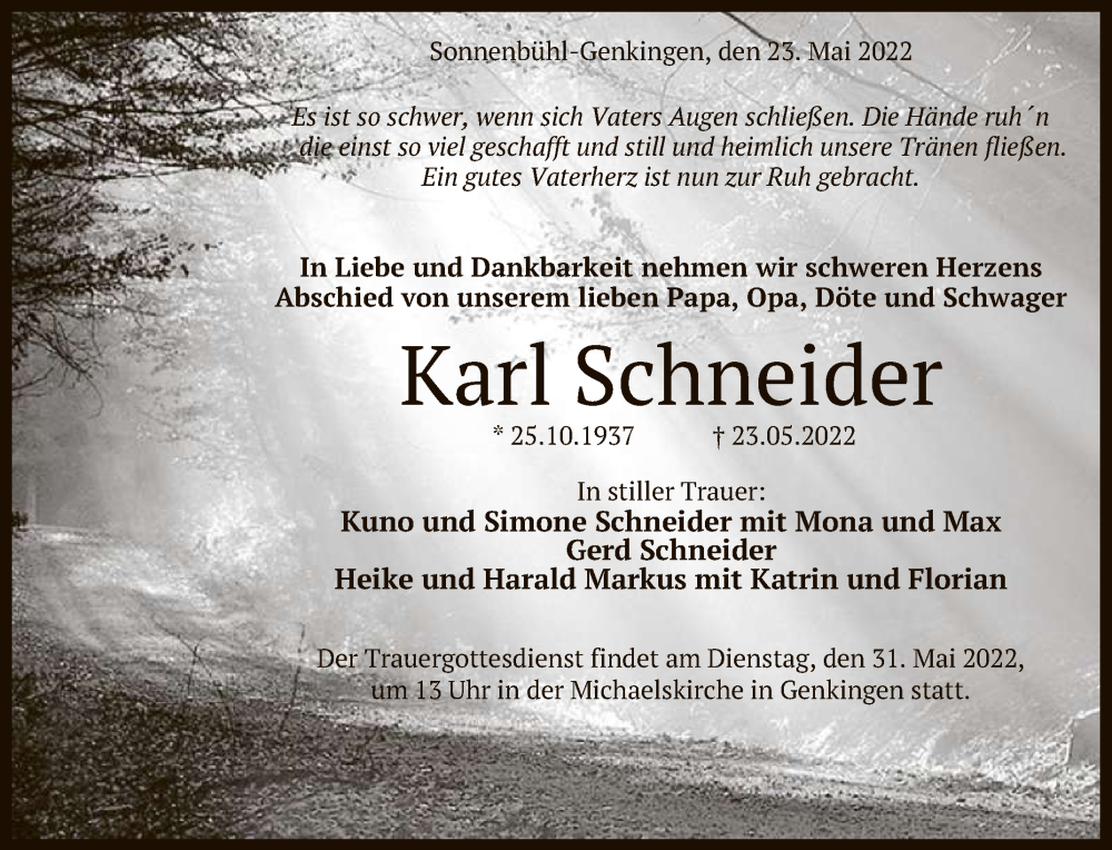  Traueranzeige für Karl Schneider vom 28.05.2022 aus Reutlinger General-Anzeiger