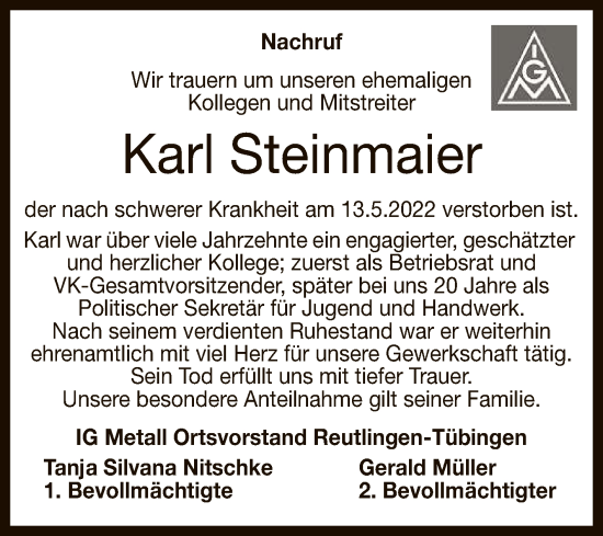 Anzeige von Karl Steinmaier von Reutlinger General-Anzeiger