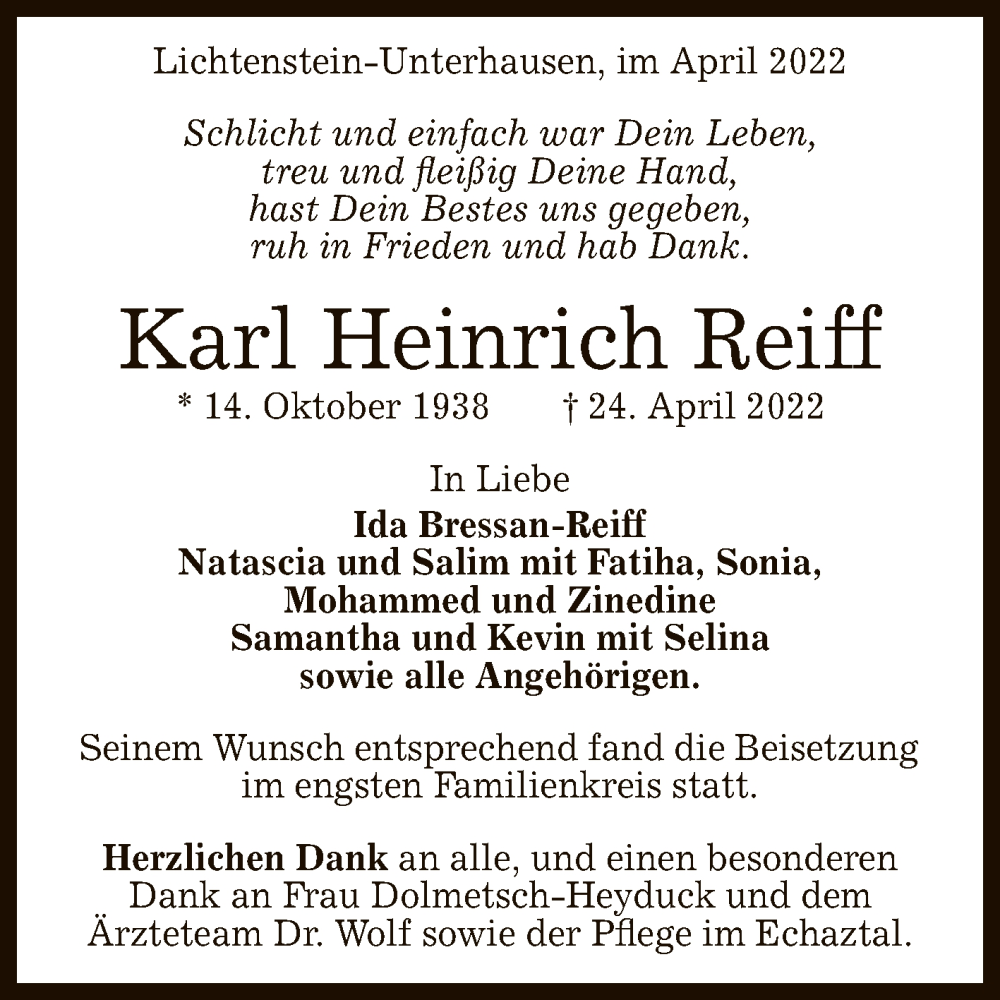  Traueranzeige für Karl Heinrich Reiff vom 07.05.2022 aus Reutlinger General-Anzeiger