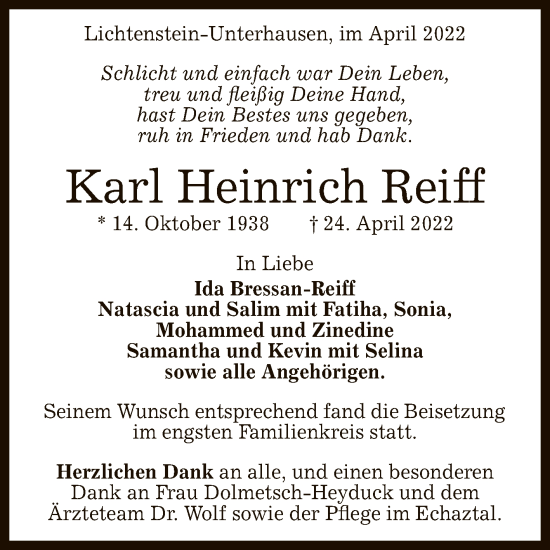 Anzeige von Karl Heinrich Reiff von Reutlinger General-Anzeiger