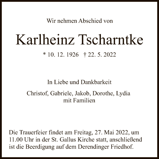 Anzeige von Karlheinz Tscharntke von Reutlinger General-Anzeiger