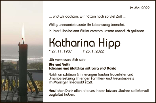 Anzeige von Katharina Hipp von Reutlinger General-Anzeiger