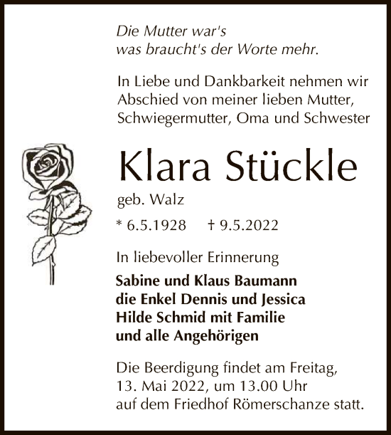 Anzeige von Klara Stückle von Reutlinger General-Anzeiger