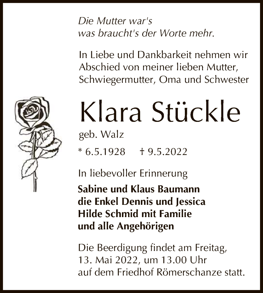  Traueranzeige für Klara Stückle vom 11.05.2022 aus Reutlinger General-Anzeiger