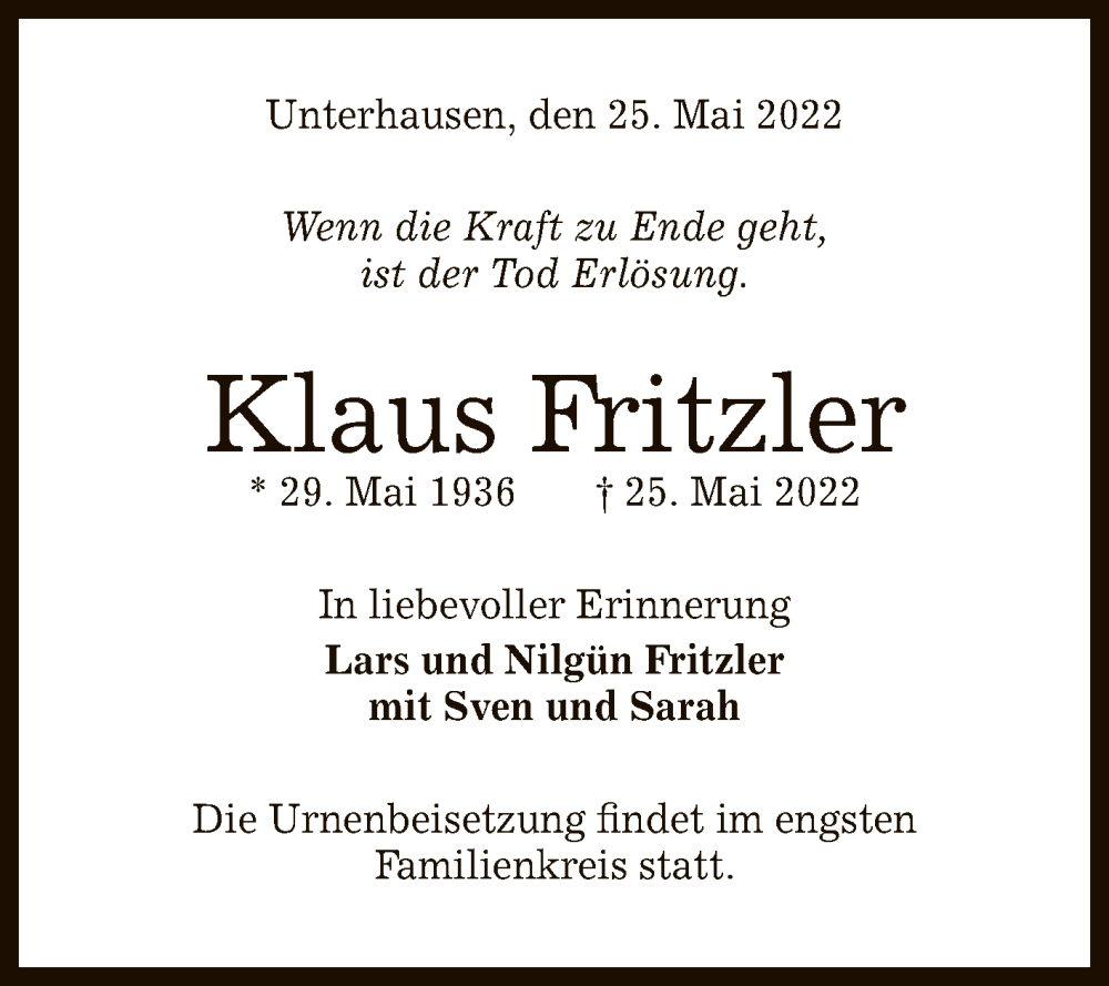  Traueranzeige für Klaus Fritzler vom 28.05.2022 aus Reutlinger General-Anzeiger