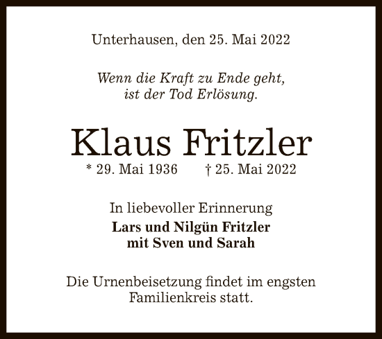 Anzeige von Klaus Fritzler von Reutlinger General-Anzeiger