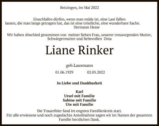 Anzeige von Liane Rinker von Reutlinger General-Anzeiger