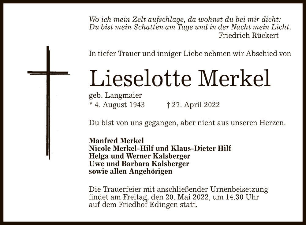  Traueranzeige für Lieselotte Merkel vom 14.05.2022 aus Reutlinger General-Anzeiger