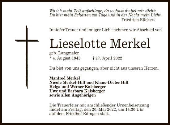 Anzeige von Lieselotte Merkel von Reutlinger General-Anzeiger