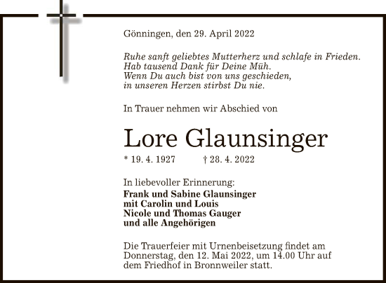 Anzeige von Lore Glaunsinger von Reutlinger General-Anzeiger