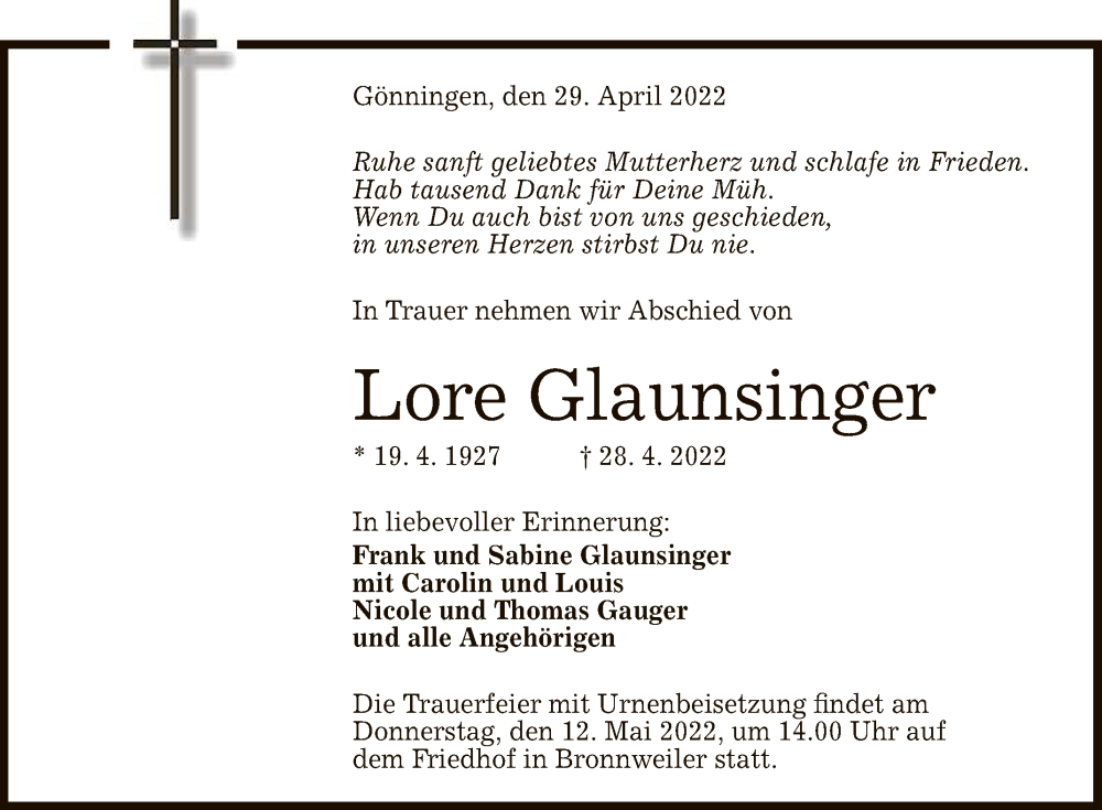  Traueranzeige für Lore Glaunsinger vom 07.05.2022 aus Reutlinger General-Anzeiger