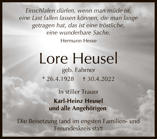 Anzeige von Lore Heusel von Reutlinger General-Anzeiger