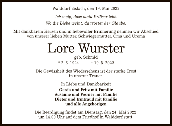 Anzeige von Lore Wurster von Reutlinger General-Anzeiger