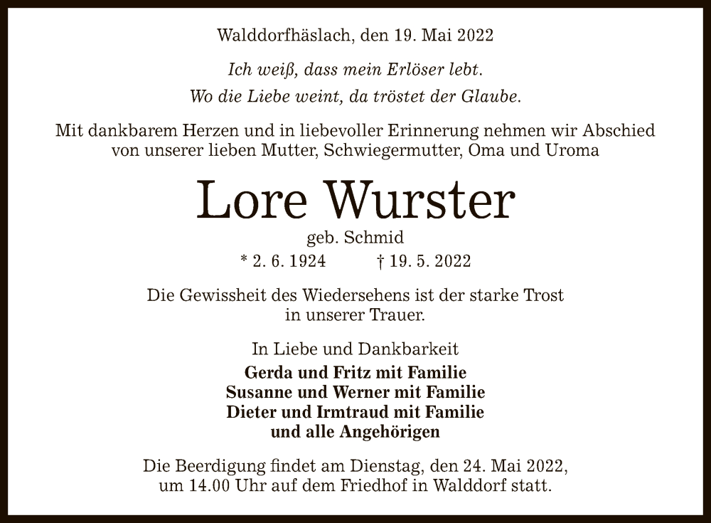 Traueranzeige für Lore Wurster vom 21.05.2022 aus Reutlinger General-Anzeiger