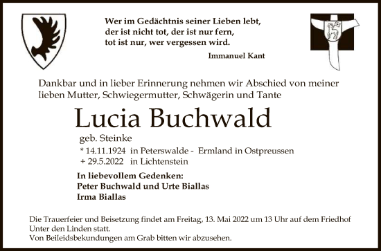 Anzeige von Lucia Buchwald von Reutlinger General-Anzeiger