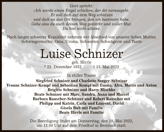 Anzeige von Luise Schnizer von Reutlinger General-Anzeiger