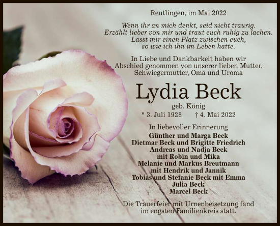 Anzeige von Lydia Beck von Reutlinger General-Anzeiger