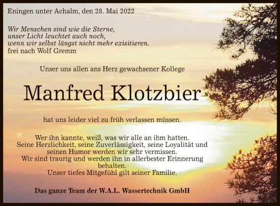 Anzeige von Manfred Klotzbier von Reutlinger General-Anzeiger