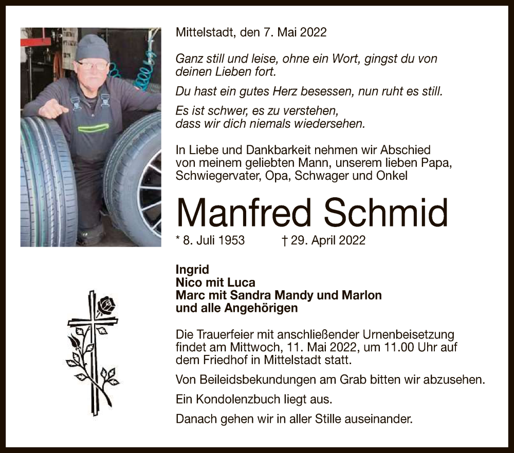  Traueranzeige für Manfred Schmid vom 07.05.2022 aus Reutlinger General-Anzeiger