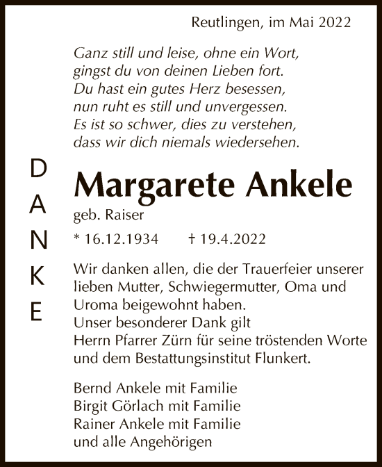 Anzeige von Margarete Ankele von Reutlinger General-Anzeiger