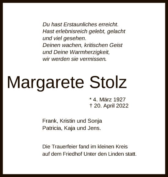 Anzeige von Margarete Stolz von Reutlinger General-Anzeiger