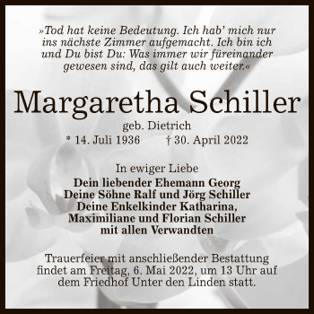 Anzeige von Margaretha Schiller von Reutlinger General-Anzeiger
