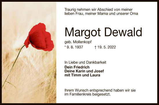 Anzeige von Margot Dewald von Reutlinger General-Anzeiger