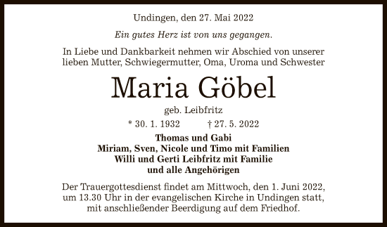 Anzeige von Maria Göbel von Reutlinger General-Anzeiger