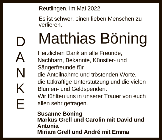 Anzeige von Matthias Böning von Reutlinger General-Anzeiger