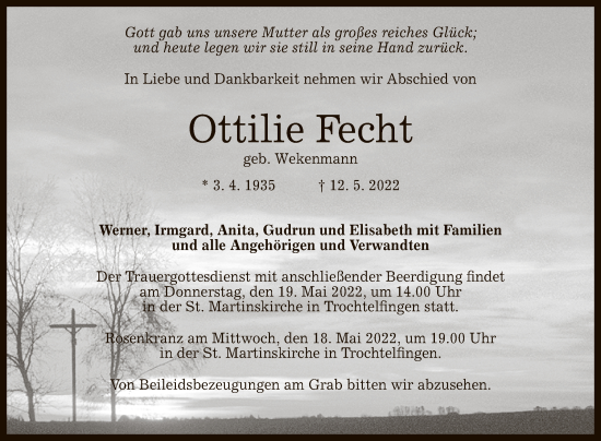 Anzeige von Ottilie Fecht von Reutlinger General-Anzeiger