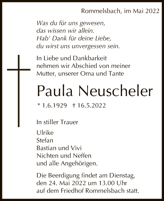 Anzeige von Paula Neuscheler von Reutlinger General-Anzeiger