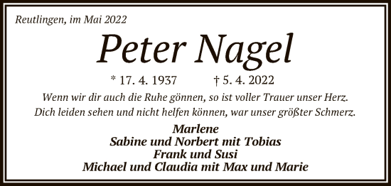 Anzeige von Peter Nagel von Reutlinger General-Anzeiger