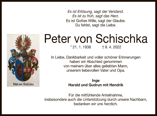Anzeige von Peter von Schischka von Reutlinger General-Anzeiger