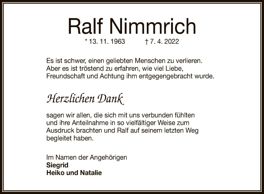  Traueranzeige für Ralf Nimmrich vom 14.05.2022 aus Reutlinger General-Anzeiger